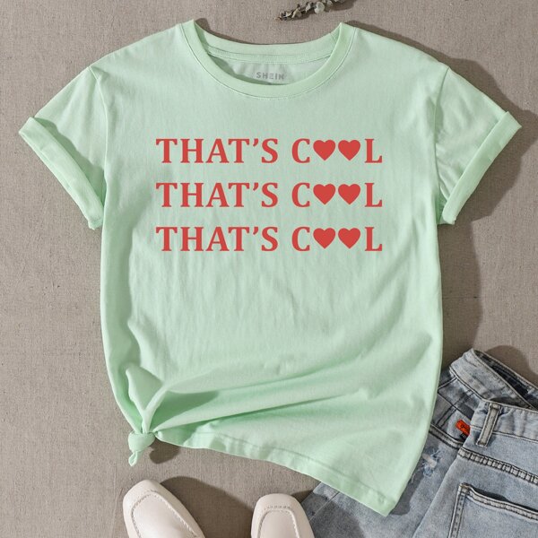 

Heart And Slogan Graphic Tee, Mint green