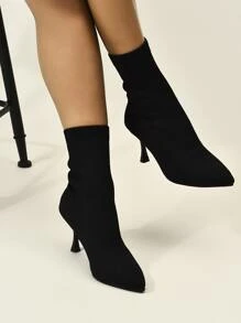 2024秋冬新款简约针织弹力时尚尖头细跟中筒靴，适合女士日常穿着，时尚黑色靴子，猫跟 - 黑色 - 查看 5