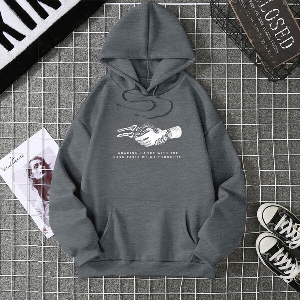 

размера плюс Худи с текстовым принтом с карманом, Серый