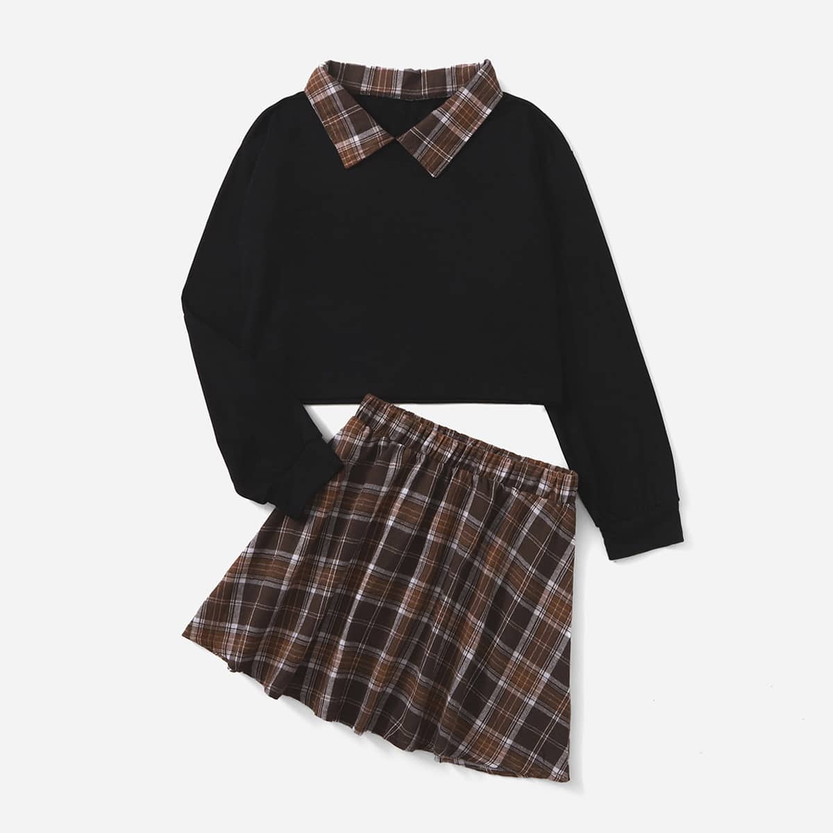 

Contrast Collar Tee & Plaid Skirt, Multicolor