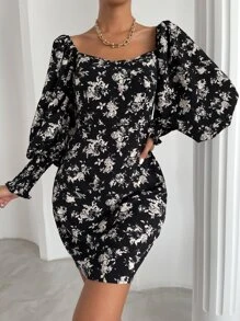 印花雞心領口燈籠袖緊身連衣裙