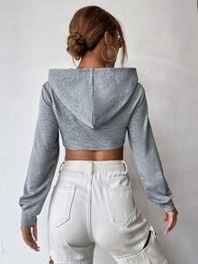 Letter Graphic Crop Hoodie - Grey - View 2