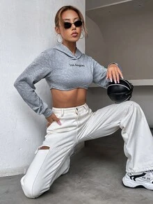 Letter Graphic Crop Hoodie - Grey - View 3