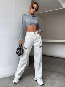 Letter Graphic Crop Hoodie - Grey - View 7