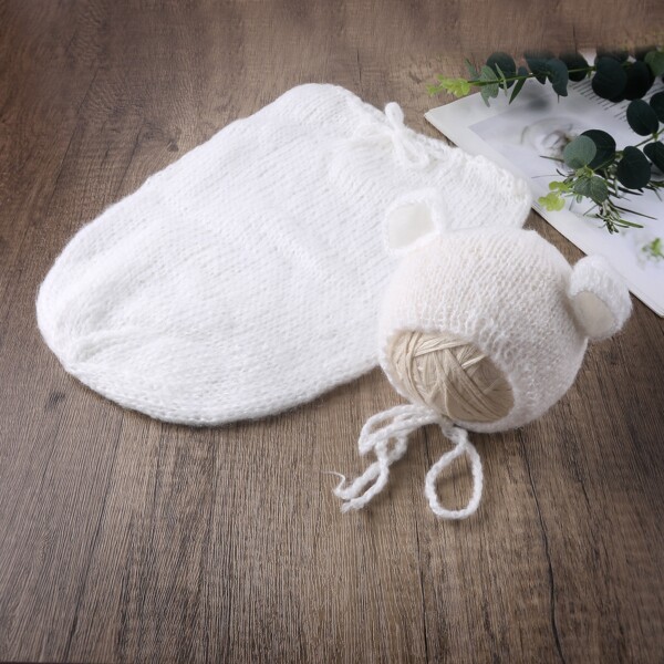 

Newborn Knit Swaddle Sleeping Bag With 3D Ear Patched Hat, White