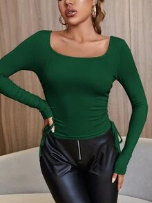 SHEIN SXY Drawstring Side Scoop Neck Tee - Army Green - View 3