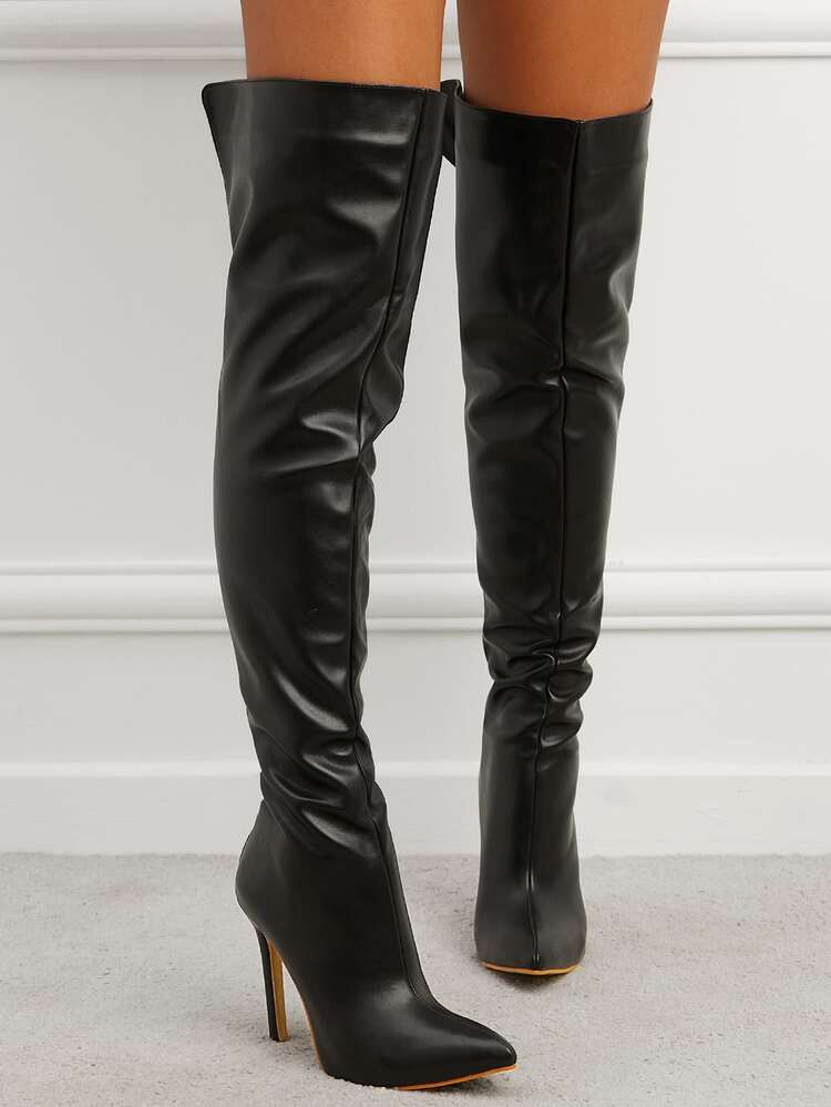 Zip Back Stiletto Heeled Over Knee Boots - Black - View 6