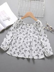 女孩蝴蝶圖案燈籠袖娃娃上衣 - 白色 - 查看 1