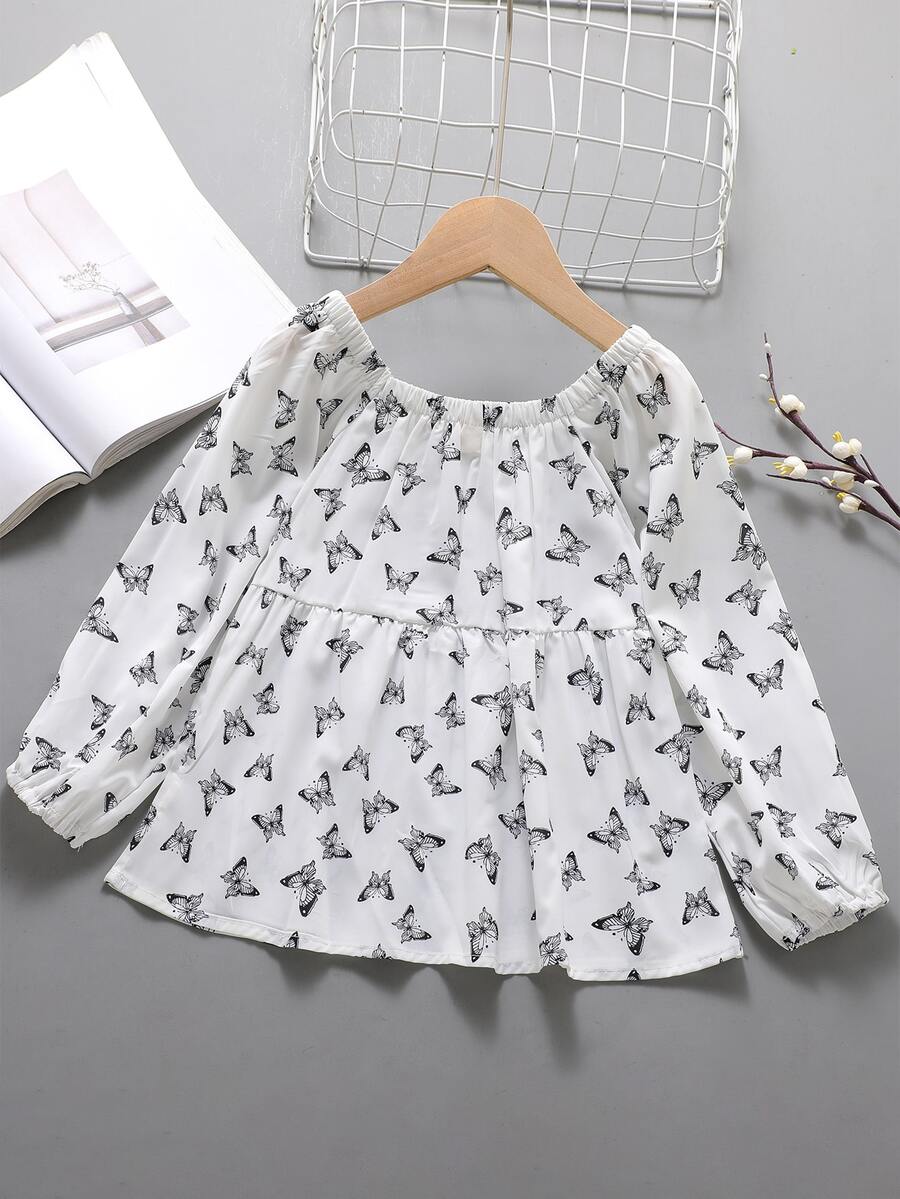 女孩蝴蝶圖案燈籠袖娃娃上衣 - 白色 - 查看 1