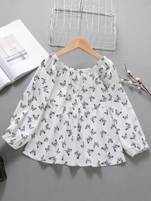 女孩蝴蝶圖案燈籠袖娃娃上衣 - 白色 - 查看 2
