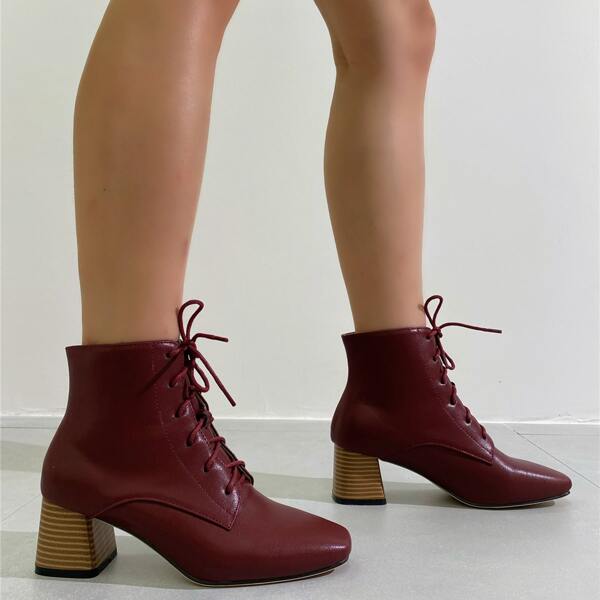 

Solid Lace Up Front Chunky Heeled Fashion Boots, Burgundy