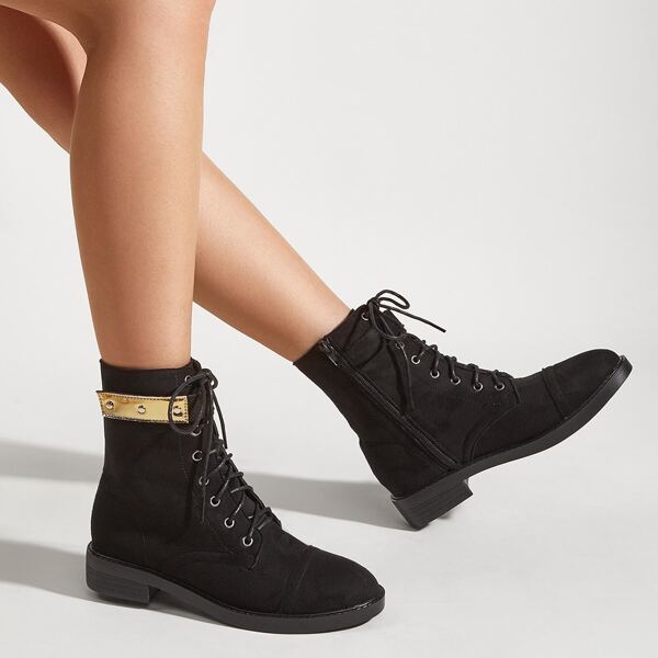 

Minimalist Studded Decor Side Zipper Boots, Black