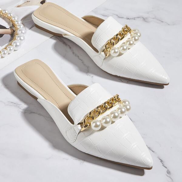 

Stone Grain Chain & Faux Pearl Decor Flat Mules, White