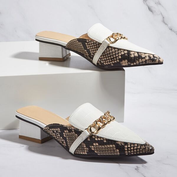 

Snakeskin Pattern Chain Decor Mules, White