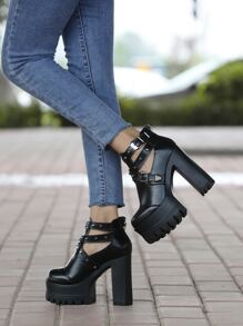 Studded Buckle Detail Flatform Boots - Black - View 2