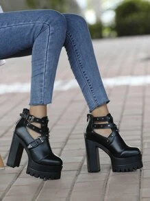 Studded Buckle Detail Flatform Boots - Black - View 3