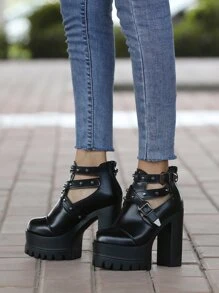 Studded Buckle Detail Flatform Boots - Black - View 5