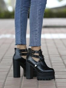 Studded Buckle Detail Flatform Boots - Black - View 6