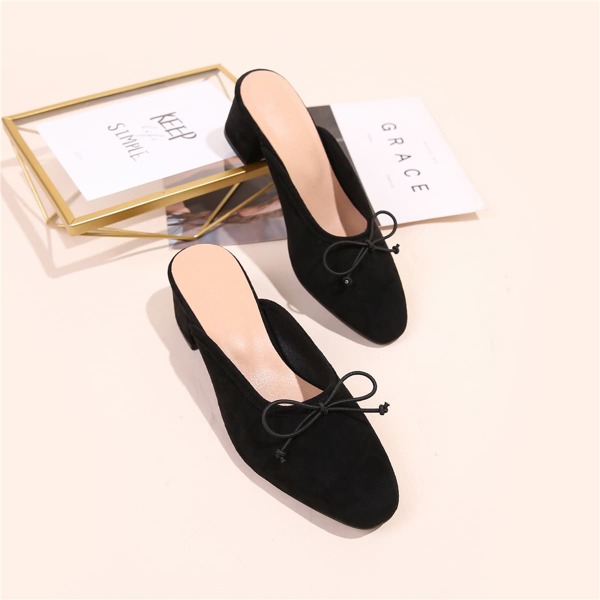 

Bow Decor Suede Chunky Mules, Black