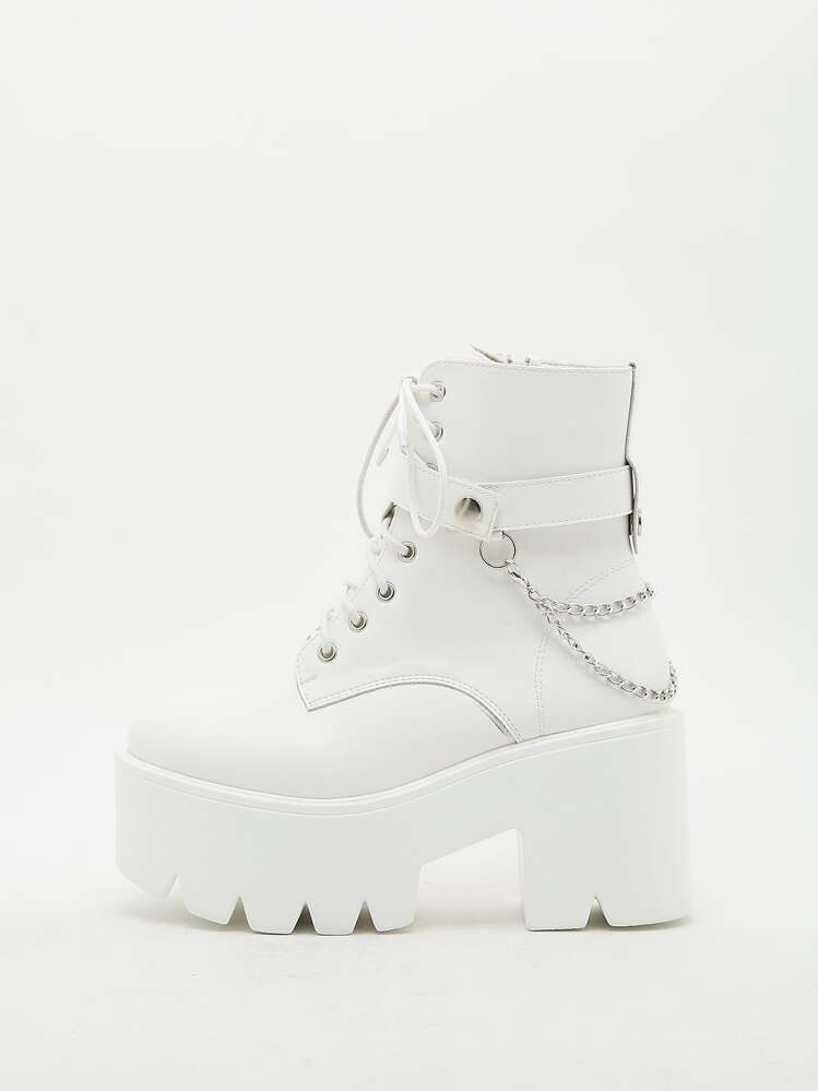 מגפי פלטפורמה קצרים חדשים אירופאיים ואמריקאים עם עקב עבה, מגפי פלטפורמה עד אמצע השוק, מגפונים חדשים לסתיו/חורף, מגפיים לבנים אופנתיים עם שרוכים, נעלי עקב שחורות גבוהות, מגפי בוקרים מערביים, מגפי נשים - לבן - ראה 2