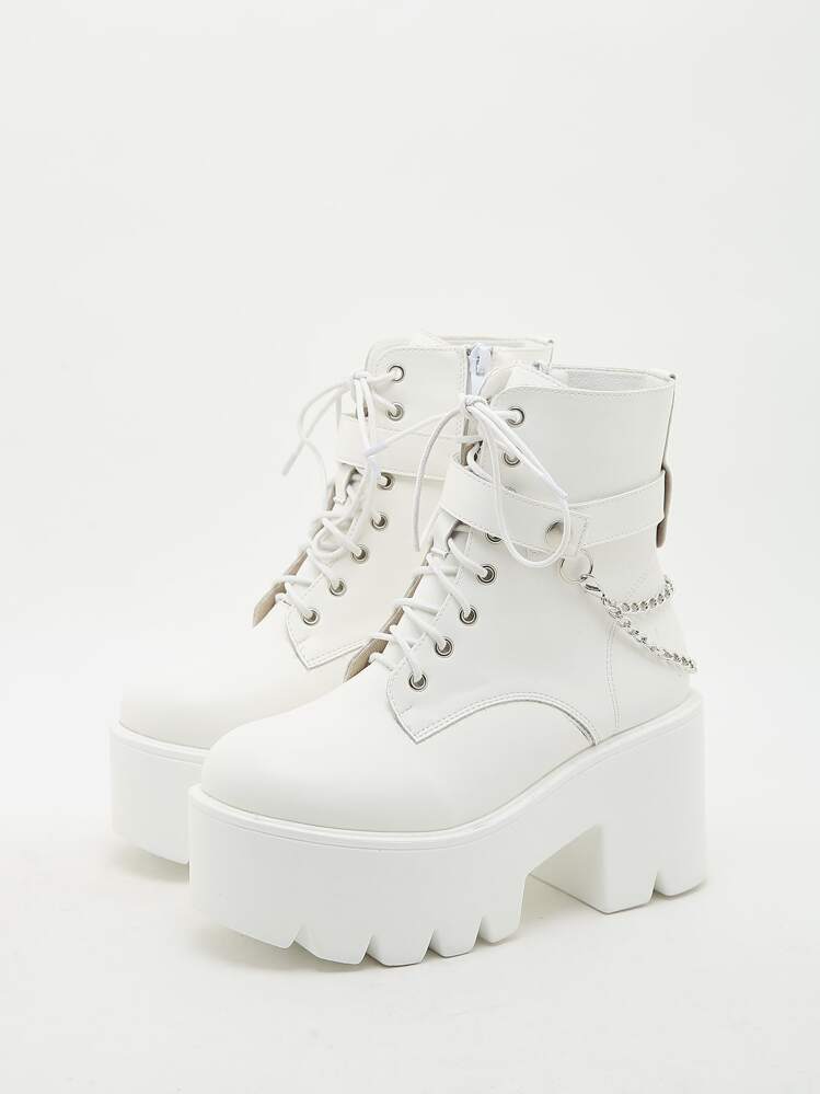 מגפי פלטפורמה קצרים חדשים אירופאיים ואמריקאים עם עקב עבה, מגפי פלטפורמה עד אמצע השוק, מגפונים חדשים לסתיו/חורף, מגפיים לבנים אופנתיים עם שרוכים, נעלי עקב שחורות גבוהות, מגפי בוקרים מערביים, מגפי נשים - לבן - ראה 4