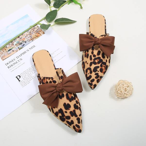 

Leopard Pattern Bow Decor Mules, Brown