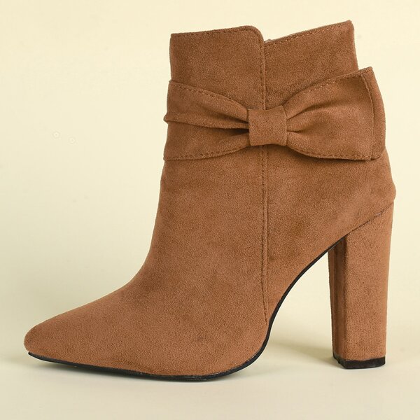 

Suede Bow Decor Chunky Side Zipper Boots, Brown