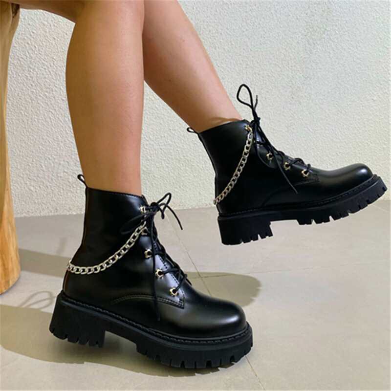 

Chain Decor Lace-up Front Combat Boots, Black