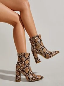Snakeskin Chunky Heeled Boots - Multicolor - View 1