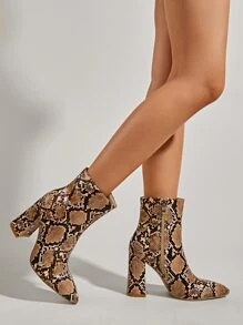 Snakeskin Chunky Heeled Boots - Multicolor - View 3