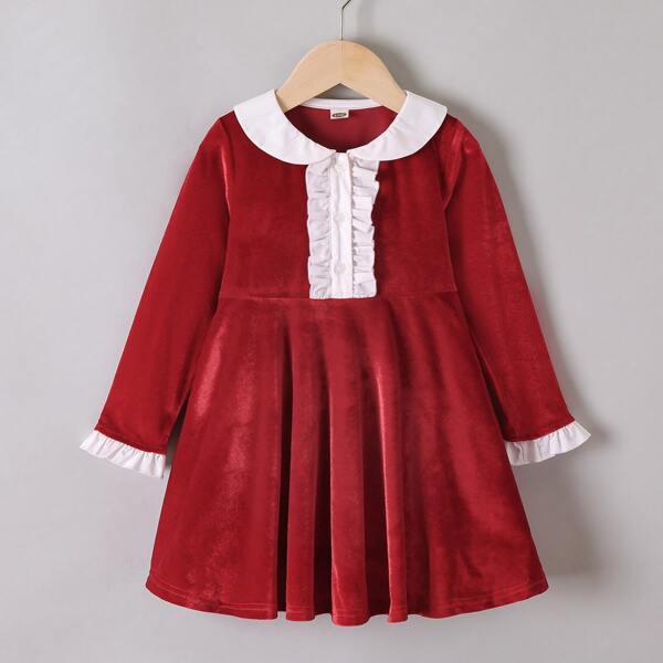 

Toddler Girls Peter Pan Collar Frill Trim Smock Dress, Burgundy