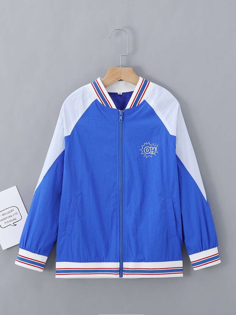 Niños Cazadora tipo bomber con estampado de letra y dibujos animados con cremallera - Azul - Ver 1