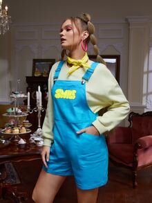 SMYLE Letter Graphic Slant Pocket Overall Romper - Blue - View 3
