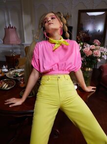 SMYLE Camiseta unicolor fruncido de manga murciélago - Rosa - Ver 1