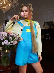 SMYLE Letter Graphic Slant Pocket Overall Romper - Blue - View 4