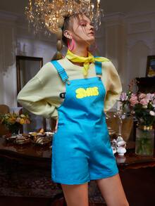 SMYLE Letter Graphic Slant Pocket Overall Romper - Blue - View 5