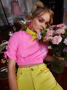 SMYLE Camiseta unicolor fruncido de manga murciélago - Rosa - Ver 4