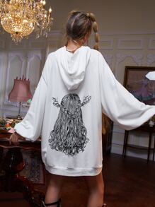 EVIE XU 人像圖案抽繩大碼連帽連衣裙 - 白色 - 查看 1