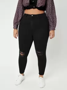 SHEIN SXY Jeans ajustados rotos de talle alto - Negro - Ver 1