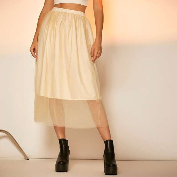 

Solid High Waist Mesh Skirt, Apricot