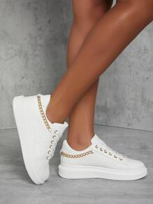 素皮革繫帶鏈條裝飾運動鞋