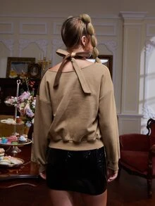 Reanne Wang 交叉圍裹後綁帶落肩袖運動衫 - 摩卡棕 - 查看 2