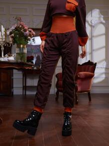 Treyne Pantalones deportivos de talle alto panel en contraste fruncido fruncido - Burdeos - Ver 3