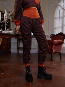 Treyne Pantalones deportivos de talle alto panel en contraste fruncido fruncido - Burdeos - Ver 5