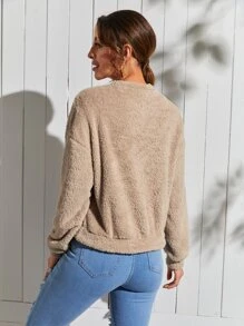 SHEIN LUNE Solid Drop Shoulder Teddy Pullover,Long Sleeve Tops In Fall/Winter
