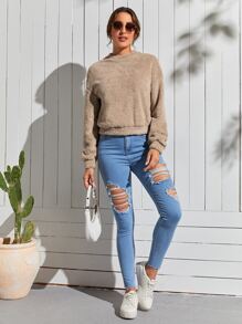 SHEIN LUNE Solid Drop Shoulder Teddy Pullover,Long Sleeve Tops In Fall/Winter
