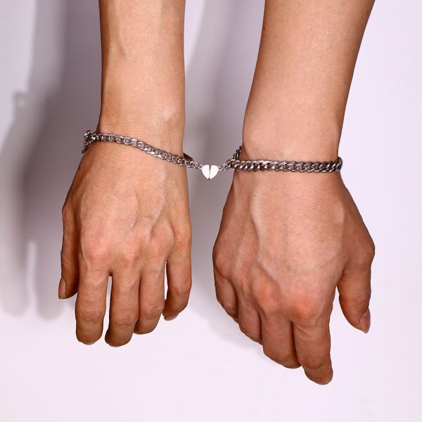

2pcs Men Heart Charm Bracelet, Silver