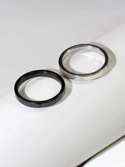 2pcs/Set 3mm Minimalist Stainless Steel Black & Silver Rings For Men & Women