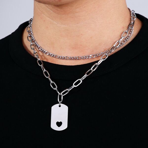 

Men Layered Chain Necklace, Silver