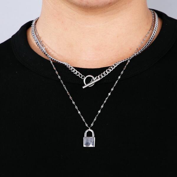 

Men Lock Charm Layered Necklace, Silver